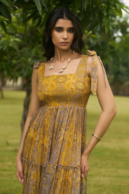 Buy_AMRIN KHAN_Yellow Georgette, Organza Square Neck Floral One Piece Dress _Online_at_Aza_Fashions