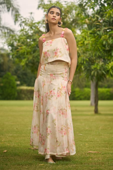 Shop_AMRIN KHAN_Off White Georgette, Organza Fabric Flowers Floral Print Top With Panelled Skirt _Online_at_Aza_Fashions