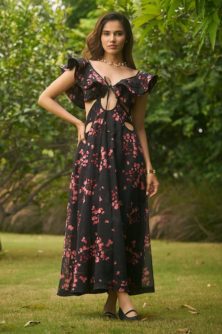 AMRIN KHAN Black Floral Organza Ruffle Dress