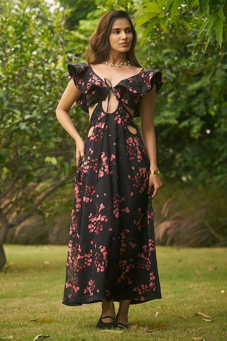 Buy_AMRIN KHAN_Black Georgette, Organza Ruffles V-neck Floral Dress _Online_at_Aza_Fashions