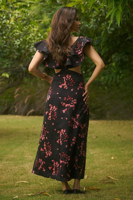 AMRIN KHAN Black Floral Organza Ruffle Dress