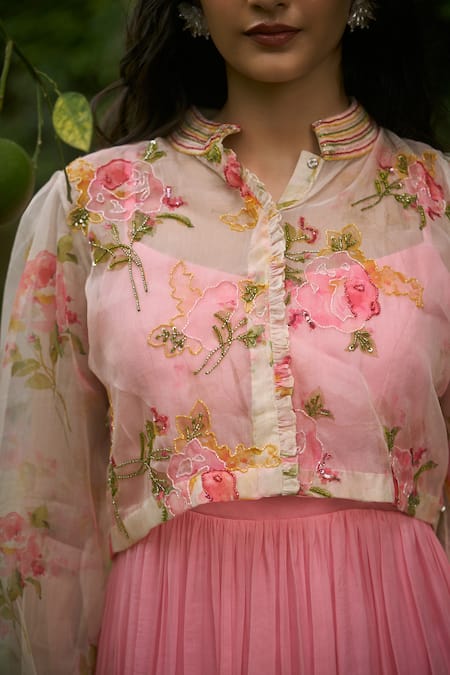 Buy_AMRIN KHAN_Off White Organza, Georgette Embroidery, Beads Floral Print Jacket With Dress _Online_at_Aza_Fashions