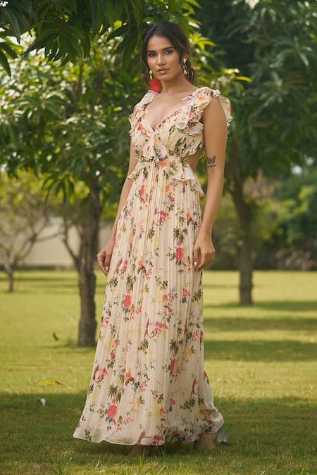 Buy_AMRIN KHAN_Cream Georgette, Organza V-neck Floral One Pice Dress _Online_at_Aza_Fashions