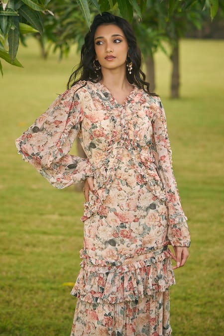 AMRIN KHAN_Peach Georgette, Organza V-neck Blush Floral One Piece Dress _Online_at_Aza_Fashions