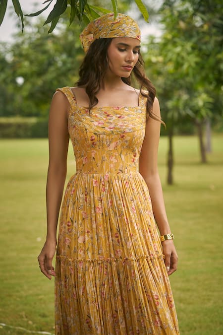 AMRIN KHAN_Yellow Georgette, Organza Square Neck Floral One Piece Dress _Online_at_Aza_Fashions