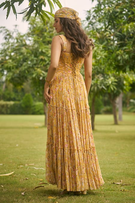 AMRIN KHAN Yellow Floral One Piece Dress 