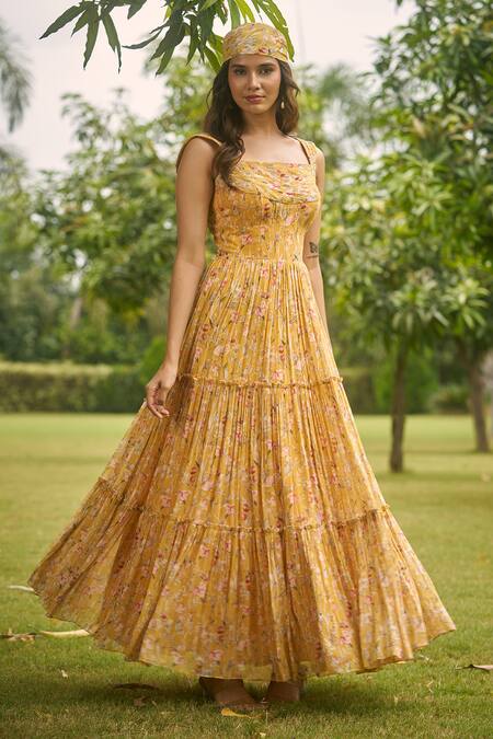 Buy_AMRIN KHAN_Yellow Georgette, Organza Square Neck Floral One Piece Dress _Online_at_Aza_Fashions