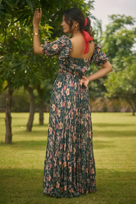 AMRIN KHAN Olive Green Floral Onepiece Dress
