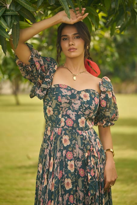 AMRIN KHAN_Olive Green Georgette, Organza Sweetheart Neck Floral Onepiece Dress _Online_at_Aza_Fashions