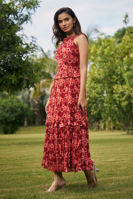 Buy_AMRIN KHAN_Maroon Georgette, Organza Halter Neck Floral Onepiece Dress _Online_at_Aza_Fashions
