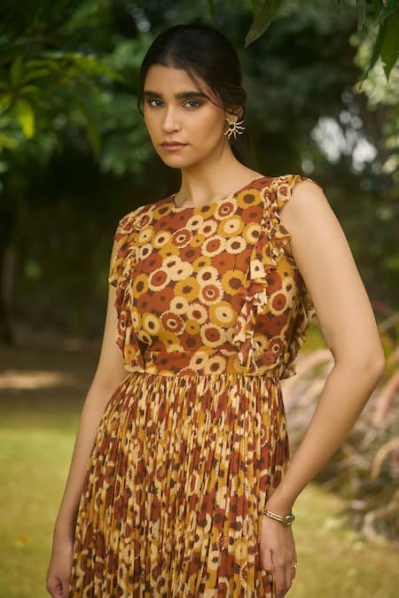 AMRIN KHAN_Brown Georgette, Organza Round Neck Floral Onepiece Dress _Online_at_Aza_Fashions