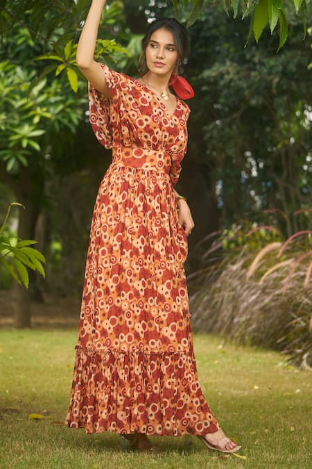 AMRIN KHAN Rust Floral Onepiece Dress 