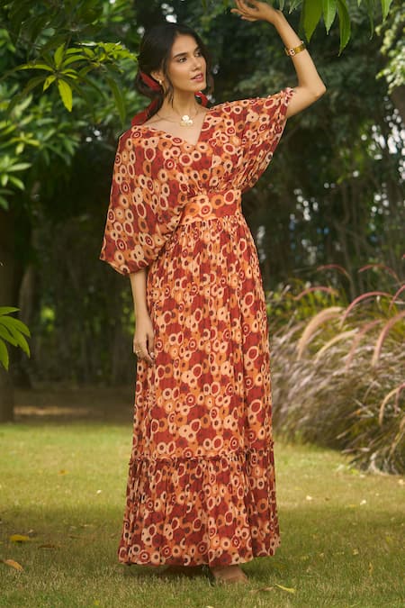 Buy_AMRIN KHAN_Orange Georgette, Organza V-neck Rust Floral Onepiece Dress _Online_at_Aza_Fashions