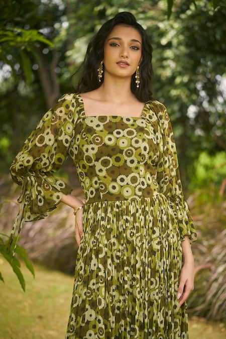 AMRIN KHAN_Green Georgette, Organza Square Neck Floral Onepiece Dress _Online_at_Aza_Fashions