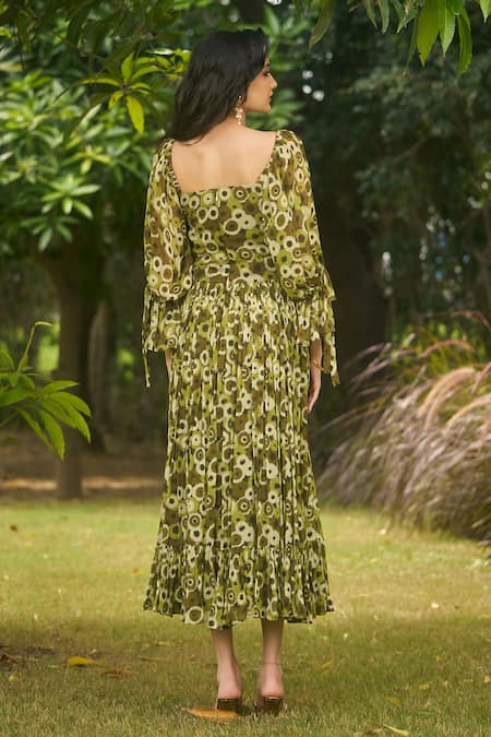 AMRIN KHAN Green Floral Onepiece Dress 