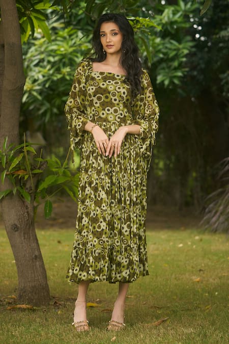 AMRIN KHAN Green Floral Onepiece Dress 