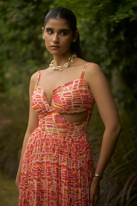 AMRIN KHAN_Multi Color Georgette, Organza Sweetheart Neck Stripe Onepiece Dress _Online_at_Aza_Fashions