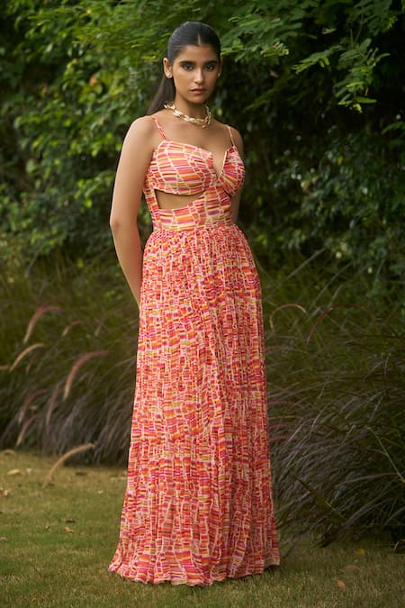 Buy_AMRIN KHAN_Multi Color Georgette, Organza Sweetheart Neck Stripe Onepiece Dress _Online_at_Aza_Fashions