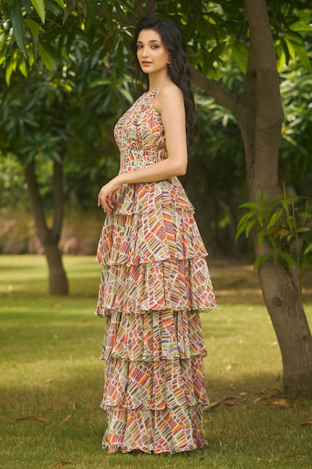 AMRIN KHAN_Multi Color Georgette, Organza Halter Neck Stripe Onepiece Dress _Online_at_Aza_Fashions