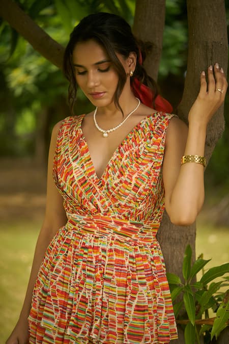 AMRIN KHAN_Multi Color Georgette, Organza V-neck Stripe Onepiece Dress _Online_at_Aza_Fashions