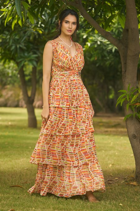 Buy_AMRIN KHAN_Multi Color Georgette, Organza V-neck Stripe Onepiece Dress _Online_at_Aza_Fashions