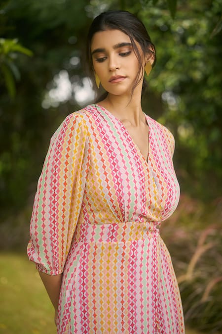 AMRIN KHAN_Multi Color Georgette, Organza V-neck Cream Onepiece Dress _Online_at_Aza_Fashions