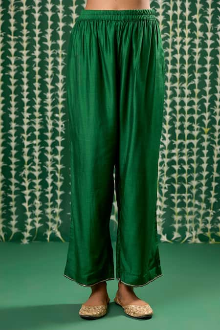 Cupid Cotton_Green Silk, Cotton Embroidery, Zari Niva Zardosi Work Gathered Kurta And Pant Set _Online_at_Aza_Fashions