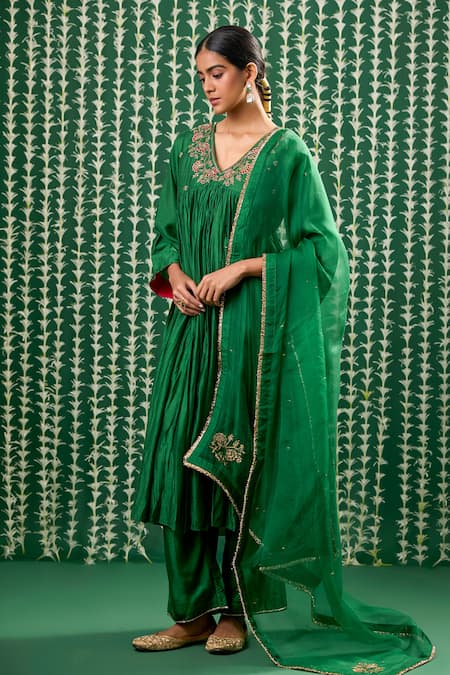 Buy_Cupid Cotton_Green Silk, Cotton Embroidery, Zari Niva Zardosi Work Gathered Kurta And Pant Set _Online_at_Aza_Fashions