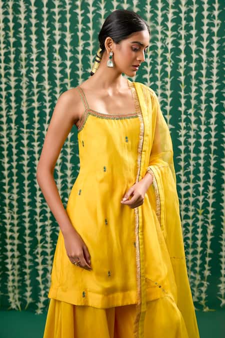 Buy_Cupid Cotton_Yellow Cotton, Silk, Organza Embroidery, Sequins, Zari Amaira Kurta Sharara Set _Online_at_Aza_Fashions
