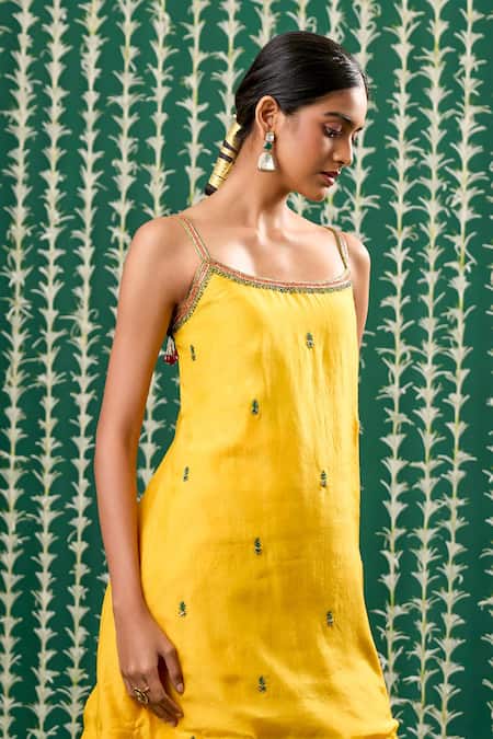 Buy_Cupid Cotton_Yellow Cotton, Silk Embroidery, Sequins, Zari Square Sukoon Kurta And Sharara Set _Online_at_Aza_Fashions