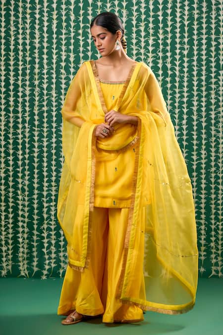 Shop_Cupid Cotton_Yellow Cotton, Silk Embroidery, Sequins, Zari Square Sukoon Kurta And Sharara Set _Online_at_Aza_Fashions