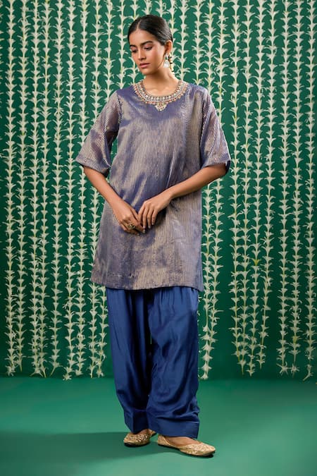 Buy_Cupid Cotton_Blue Tissue, Silk, Organza Embroidery, Zari, Stones, Sunira Striped Kurta Set _Online_at_Aza_Fashions