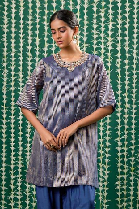 Shop_Cupid Cotton_Blue Tissue, Silk, Organza Embroidery, Zari, Stones, Sunira Striped Kurta Set _Online_at_Aza_Fashions