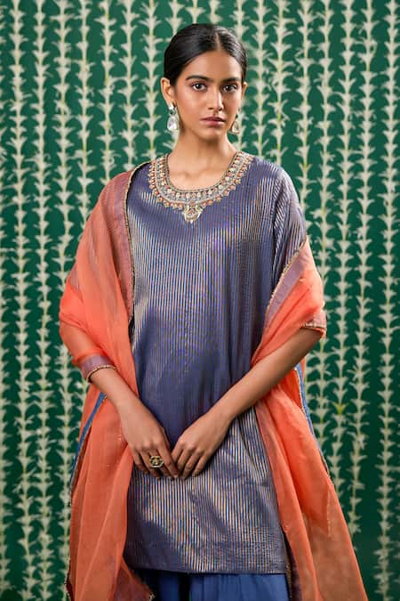 Shop_Cupid Cotton_Blue Tissue, Silk Embroidery, Stones Round Neck Sunira Zardosi Kurta And Pant Set _Online_at_Aza_Fashions