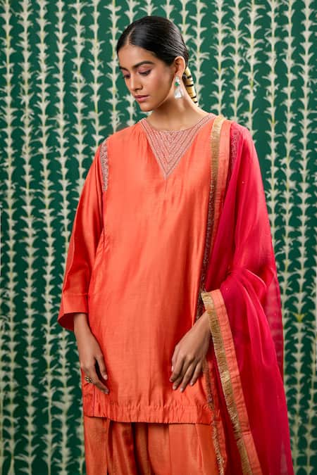 Cupid Cotton_Orange Silk, Organza Embroidery, Metallic Thread Round Sharini Aari Kurta Set _Online_at_Aza_Fashions
