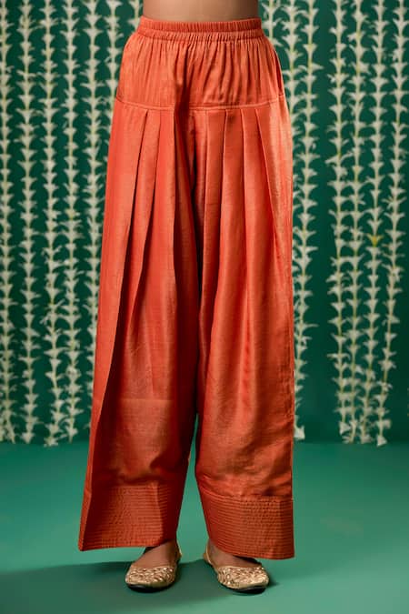 Buy_Cupid Cotton_Orange Silk, Tissue Embroidery Round Neck Sharini Resham Kurta And Pant Set _Online_at_Aza_Fashions