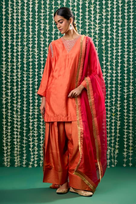 Shop_Cupid Cotton_Orange Silk, Tissue Embroidery Round Neck Sharini Resham Kurta And Pant Set _Online_at_Aza_Fashions