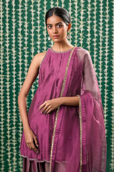 Buy_Cupid Cotton_Wine Silk, Tissue Sequins, Embroidery Round Neck Tara Pitta Kurta And Pant _Online_at_Aza_Fashions