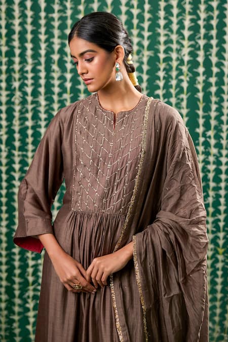 Shop_Cupid Cotton_Brown Silk, Chanderi Embroidery, Zari, Gota Patti Round Neck Keya Kurta Set _Online_at_Aza_Fashions