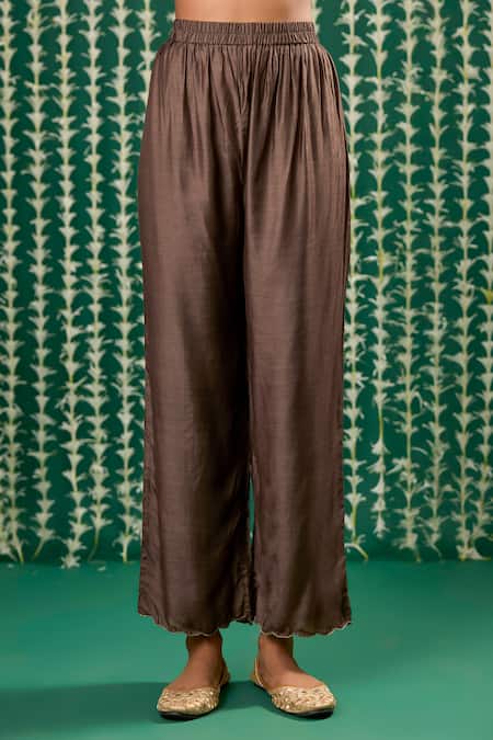 Cupid Cotton_Brown Silk Embroidery Split V-neck Keya Pitta Kurta And Pant Set _Online_at_Aza_Fashions