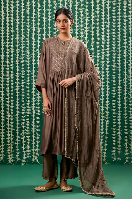 Buy_Cupid Cotton_Brown Silk Embroidery Split V-neck Keya Pitta Kurta And Pant Set _Online_at_Aza_Fashions
