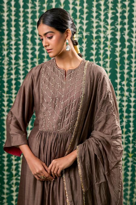 Shop_Cupid Cotton_Brown Silk Embroidery Split V-neck Keya Pitta Kurta And Pant Set _Online_at_Aza_Fashions