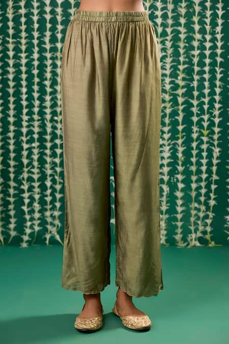 Cupid Cotton_Olive Green Cotton, Silk Embroidery, Beads Eshana Aari Kaftan Kurta And Pant Set _Online_at_Aza_Fashions