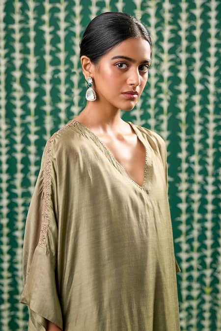 Buy_Cupid Cotton_Olive Green Cotton, Silk Embroidery, Beads Eshana Aari Kaftan Kurta And Pant Set _Online_at_Aza_Fashions