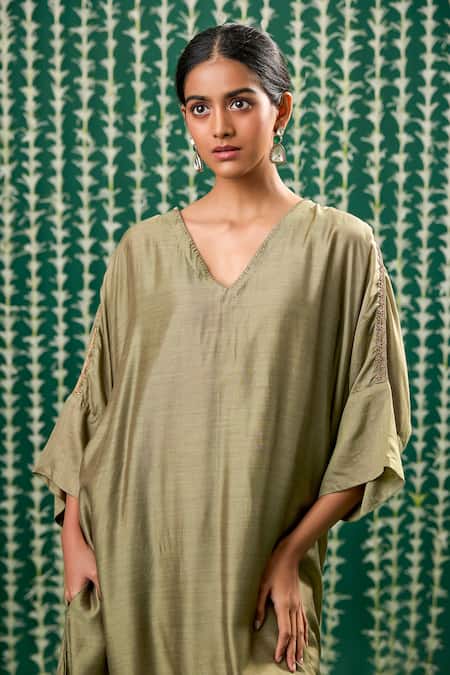 Shop_Cupid Cotton_Olive Green Cotton, Silk Embroidery, Beads Eshana Aari Kaftan Kurta And Pant Set _Online_at_Aza_Fashions