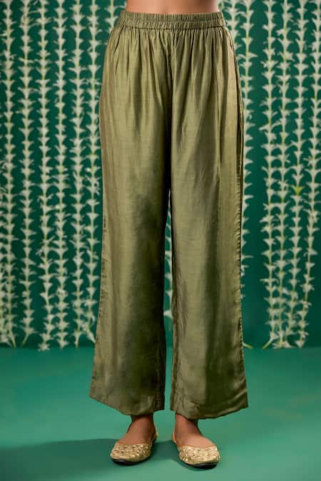 Cupid Cotton_Olive Green Tissue, Silk Embroidery, Sequins Mahira Pitta Kurta And Pant Set _Online_at_Aza_Fashions