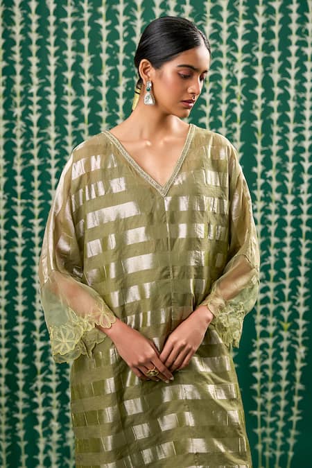 Buy_Cupid Cotton_Olive Green Tissue, Silk Embroidery, Sequins Mahira Pitta Kurta And Pant Set _Online_at_Aza_Fashions