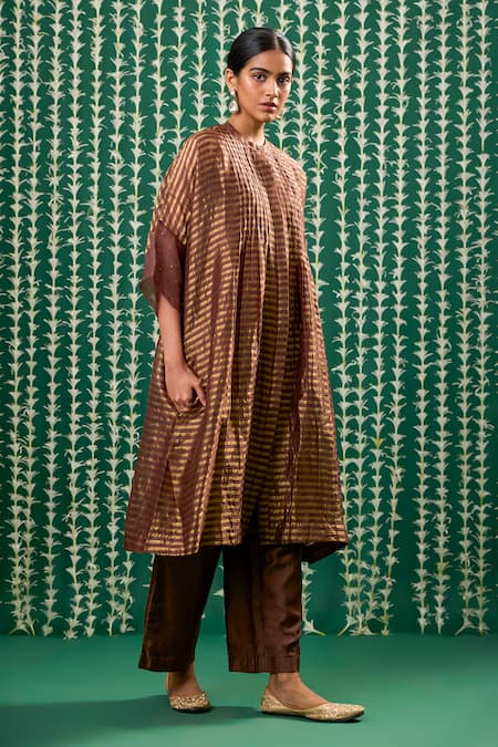 Buy_Cupid Cotton_Brown Tissue, Silk Sequins, Metallic Sira Striped Pattern Kurta And Pant Set _Online_at_Aza_Fashions