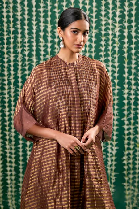 Shop_Cupid Cotton_Brown Tissue, Silk Sequins, Metallic Sira Striped Pattern Kurta And Pant Set _Online_at_Aza_Fashions