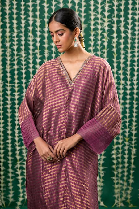 Cupid Cotton_Magenta Tissue, Silk Embroidery Dhana Striped Pattern Kaftan Kurta And Pant Set _Online_at_Aza_Fashions
